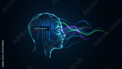 A digital human head silhouette with a loading bar and colorful glowing waves, representing artificial intelligence and data processing