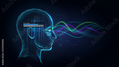 A digital human head silhouette with a loading bar and colorful glowing waves, representing artificial intelligence and data processing