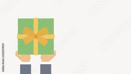 Animated hands holding green gift box with yellow ribbon for holiday sales and promotions