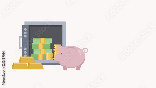 Animated piggy bank and open safe with gold bars and money stacks
