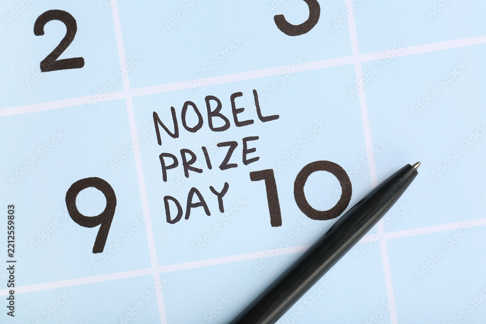 Fototapeta premium Text NOBEL PRIZE DAY with pen on calendar, closeup