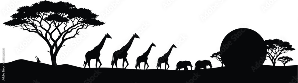 Fototapeta premium African savanna landscape silhouette with giraffes elephants and acacia trees at sunset wildlife park game reserve sunset horizon silhouette giraffes elephants landscape wildlife
