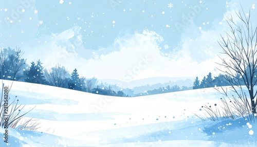冬の背景風景（イラスト素材、淡い色合い、青、グレー）