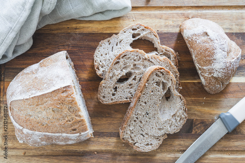 Top View of Homemade Buckwheat Sourdough Bread Loaf and Slices