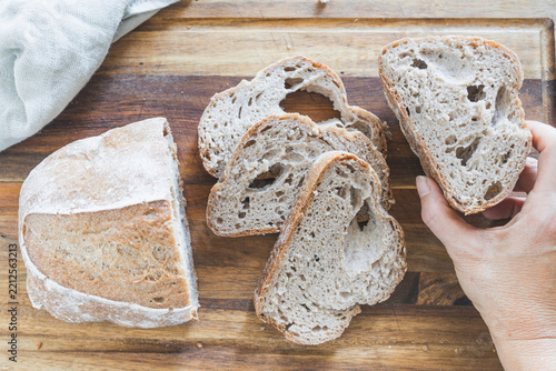 Top View of Homemade Buckwheat Sourdough Bread Loaf and Slices