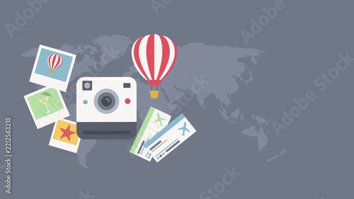 Travel concept animation with camera, hot air balloon, and plane tickets on map