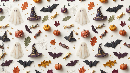 Halloween Spooky Elements Seamless Pattern with Pumpkins and Bats