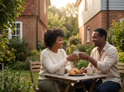 Two adults share a cheerful moment while toasting with mugs at a wooden table in a residential garden affection amity