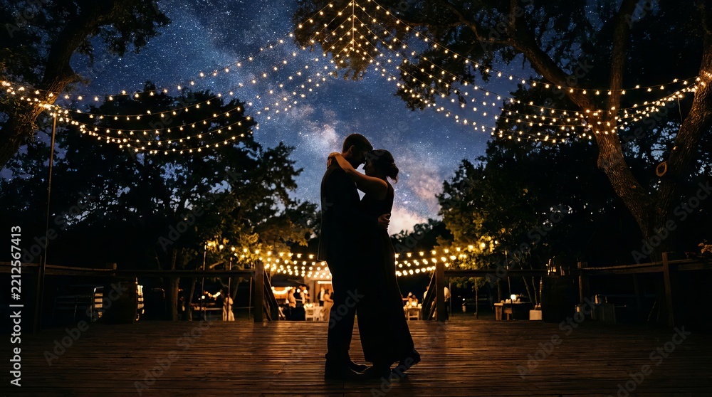 Fototapeta premium Romantic couple embracing under string lights and starry night sky