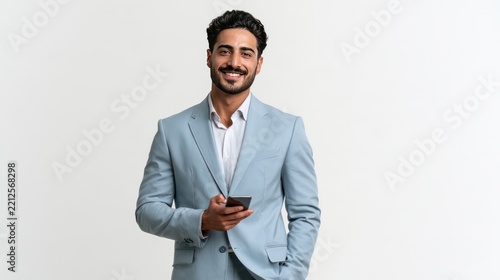 Man Holding Phone: A confident man in a light blue suit smiles, holding his smartphone while standing against a plain background. He projects an image of professionalism and modern connection.