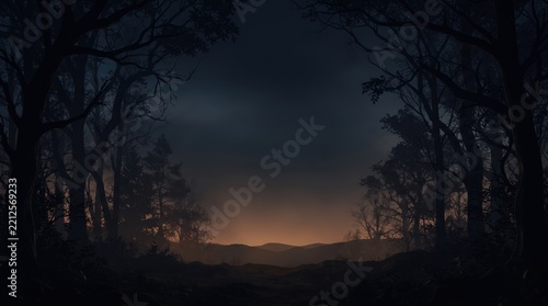 A dark and mysterious forest landscape with silhouettes of trees framing a misty sunset over distant rolling hills.