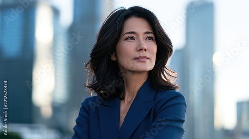 Ambitious Professional in a Cityscape: A confident businesswoman in a sharp blue suit gazes towards the horizon, her thoughtful expression reflecting ambition amidst a blurred city skyline.