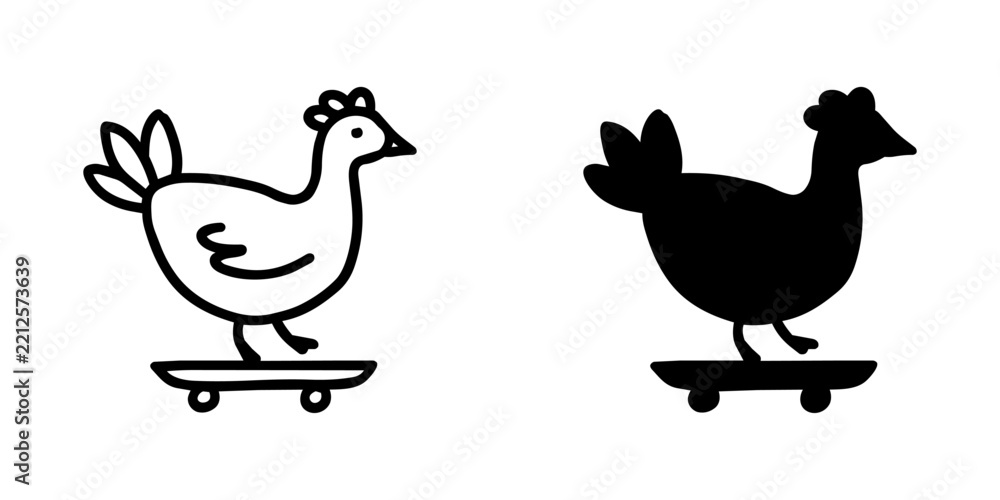 Fototapeta premium Chicken On Skateboard Hand Drawn Line And Solid Icon Set. Playful Animal Skateboarding Theme In Outline And Silhouette Variations. Sticker And Mascot Design. Isolated Vector Illustration