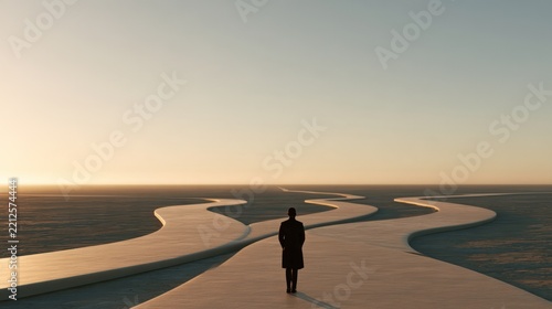 Crossroads of Life: A lone figure stands at the confluence of multiple paths, silhouetted against a serene, golden-hued sky, contemplating the choices and directions ahead.