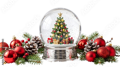 Christmas snow globe featuring decorated pine tree and presents surrounded by red baubles pinecones and fir branches on transparent background