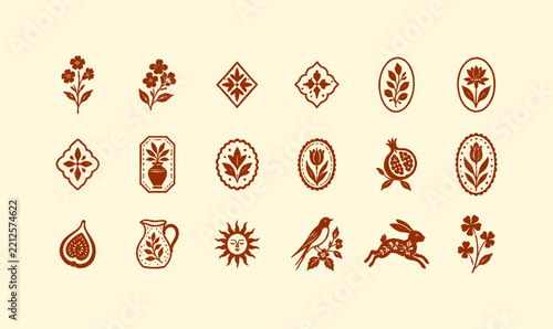 Hand Drawn Folk Art Icon Set, Vintage Botanical Vector Collection