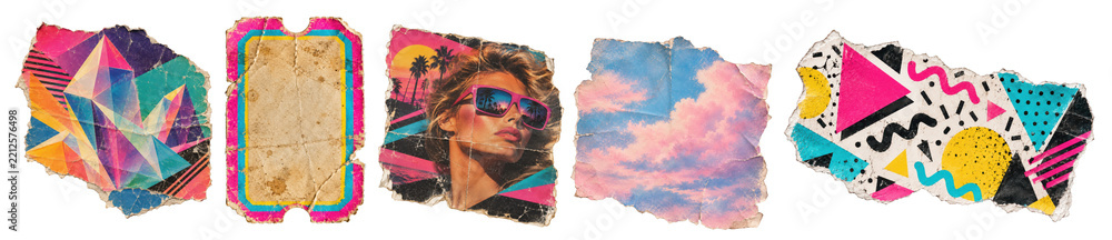 Fototapeta premium Torn vintage paper scraps printed with 1980s crystal shards, a blank ticket, a woman in sunglasses and pink clouds. Retro scrapbook elements