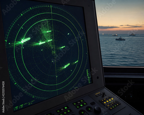 Maritime navigation radar monitor screen inside ship bridge with ocean vessel view at dusk stock image.