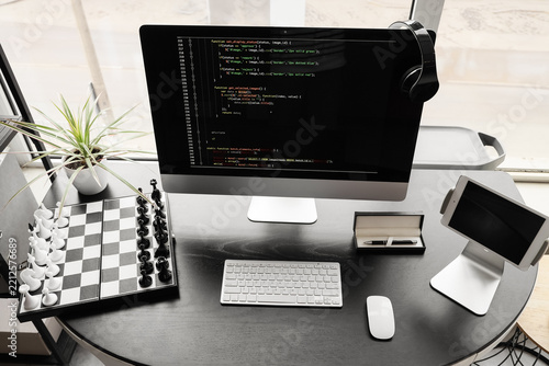 Software development and programming, computer monitor with code on screen an...
