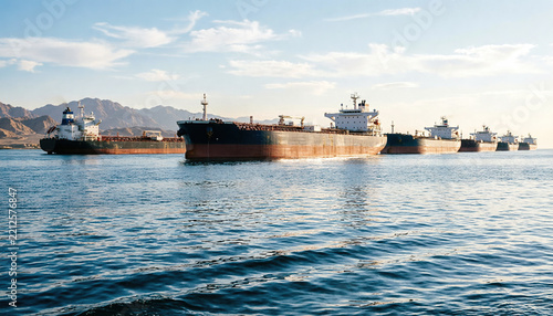 Commercial crude oil supertanker cargo ships in Strait of Hormuz queue sailing in coastal waters near arid mountains stock image.