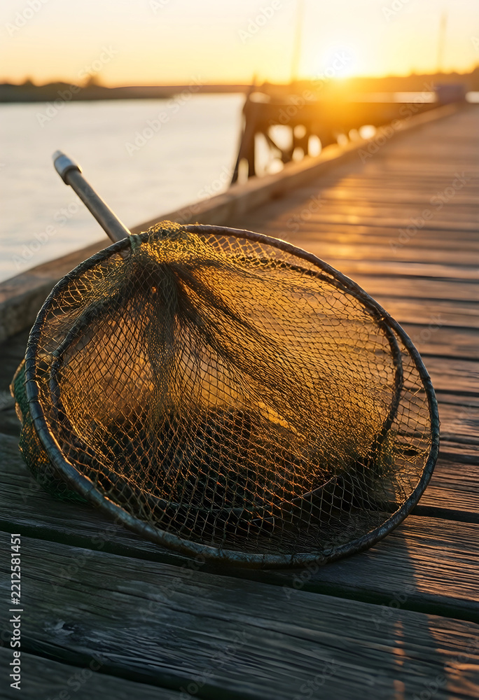 Fototapeta premium Fishing and leisure activity landing net on wooden pier at sunset outdoor recreation and hobby maritime lifestyle and travel concept by the waterside