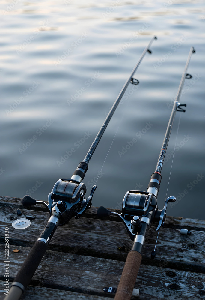 Fototapeta premium Leisure and recreation, two fishing rods with baitcasting reels resting on a wooden pier overlooking calm water for outdoor hobby and travel lifestyle