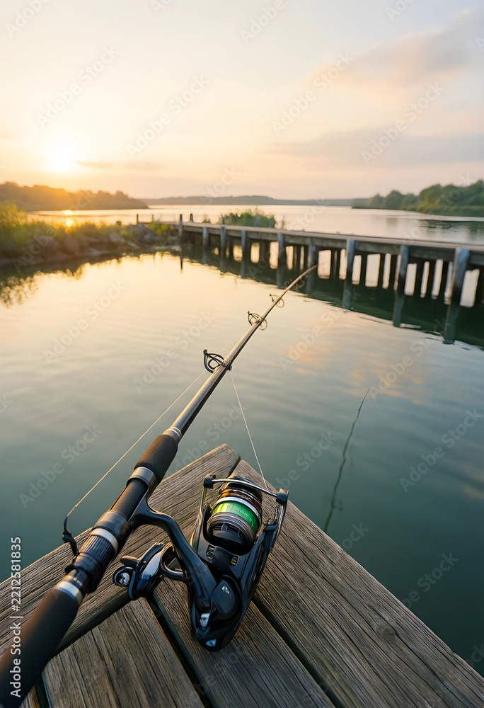 Fototapeta premium Fishing and outdoor recreation, spinning rod with reel on wooden pier at sunset for leisure activity and travel lifestyle in nature by the calm lake