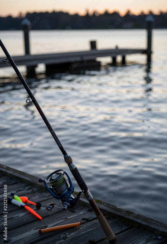 Fototapeta premium Leisure and recreation, fishing rod with reel and floats on a wooden pier at sunset for outdoor hobby and travel lifestyle during summer vacation