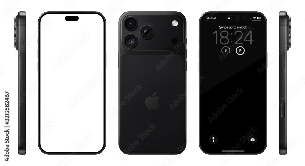 Fototapeta premium Photorealistic detailed New Apple iPhone 18 Pro Max Black mockup. Front, side and rear view on isolated on transparent background. Vector editorial illustration png