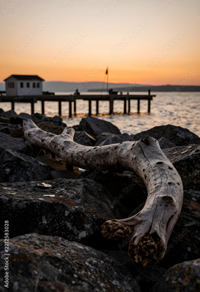 Fototapeta premium Serenity and mindfulness driftwood on rocky lakeshore at sunset with pier and calm water travel and nature escape peaceful coastal landscape