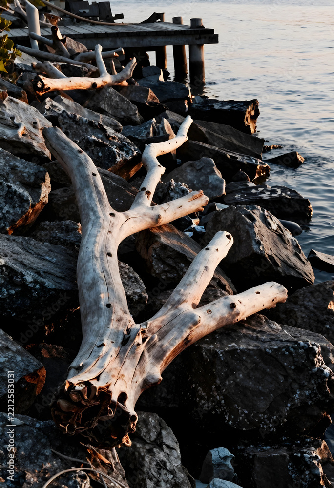 Fototapeta premium Nature conservation and environmental sustainability, weathered driftwood on rocky shoreline at sunset with wooden pier in background by calm water
