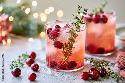 Sparkling Pink Cranberry Mocktails with Thyme and Ice