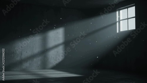 Rays of light illuminate a dusty, empty room through a window, creating strong shadows and a sense of mystery.
