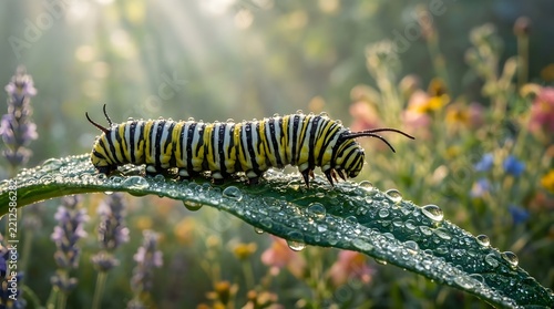 Monarch Caterpillar Crawling on Dew Covered Leaf in Garden