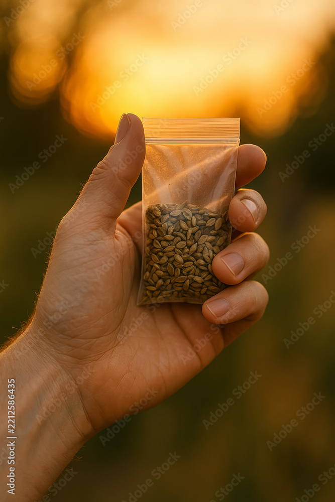 Fototapeta premium Hand holds small clear bag of seeds in sunlight