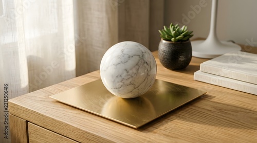 Minimalist Modern Interior with Marble Globe and Small Potted Plant