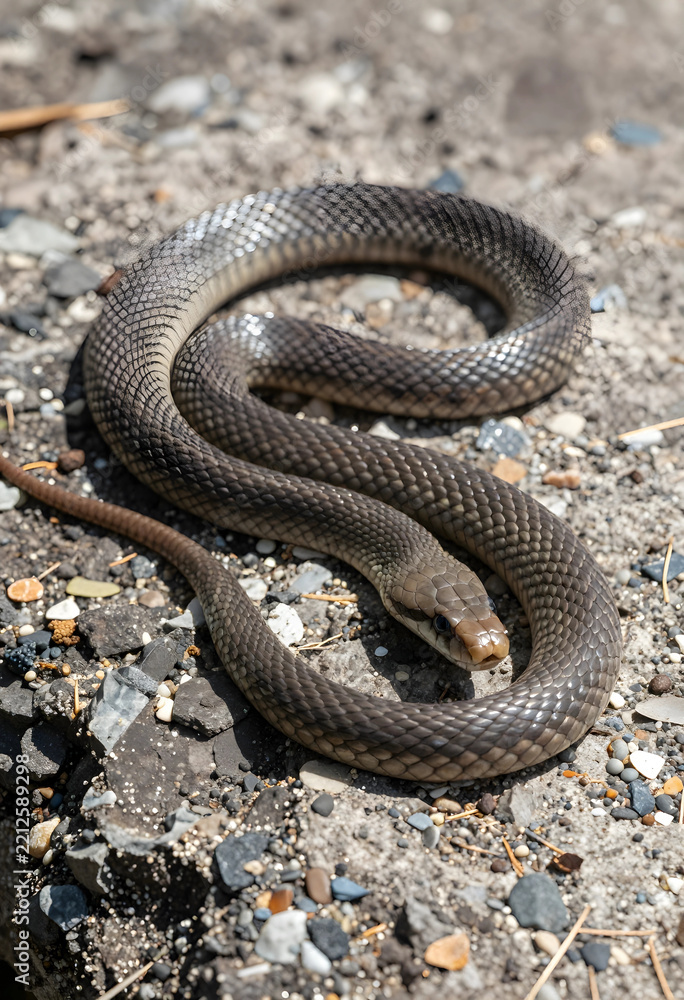 Fototapeta premium Wildlife conservation and biodiversity brown snake coiled on rocky ground in natural habitat reptile in the wild environmental biology and nature