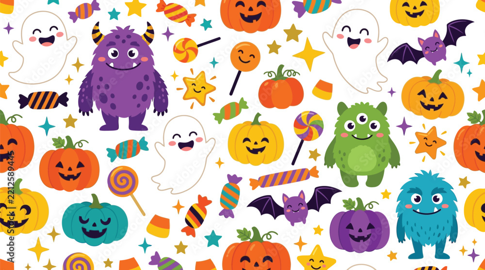 Obraz premium Seamless vector pattern featuring cute Halloween monsters, funny pumpkins, cheerful ghosts, and sweet candies