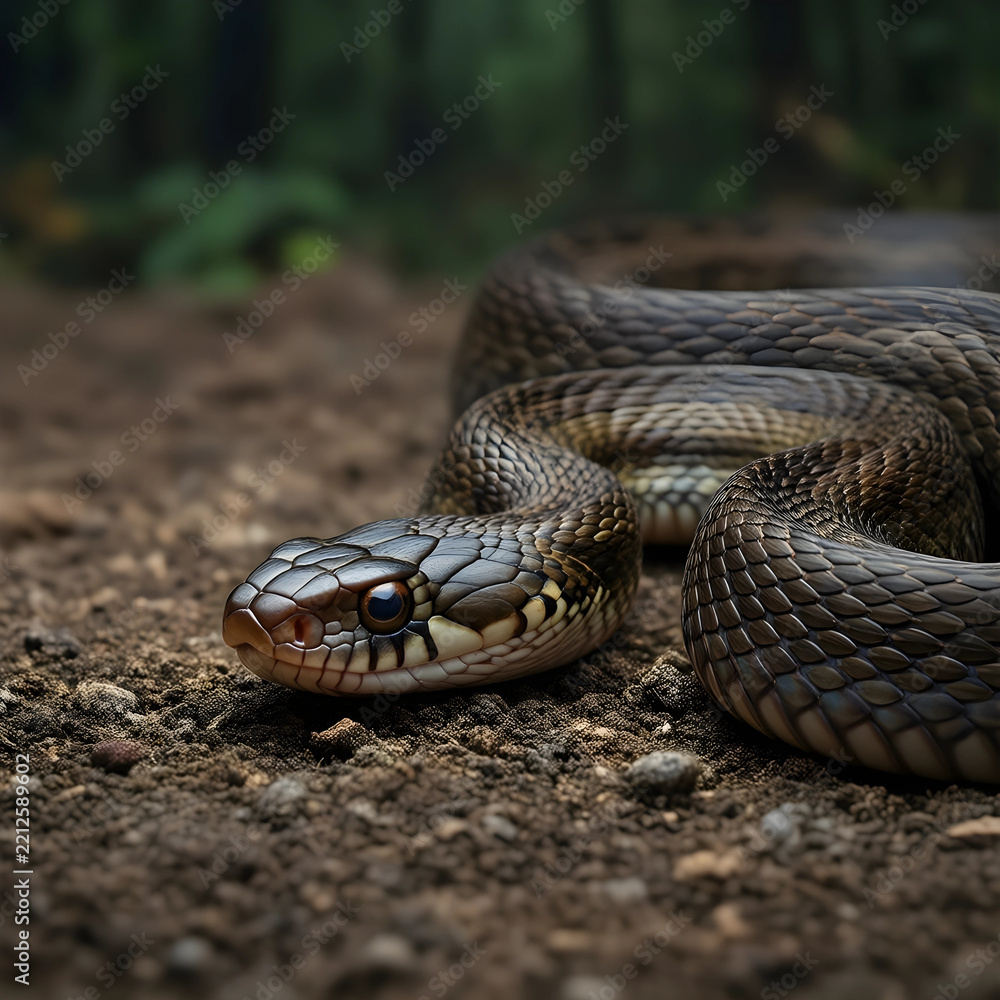 Obraz premium Wildlife conservation and biodiversity, wild snake crawling on forest ground in natural habitat for environmental research and biology education projects