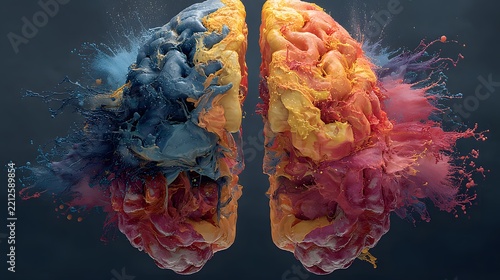 Colorful paint splash forming human brain hemispheres, symbolizing creativity, logic, and dynamic mental energy.