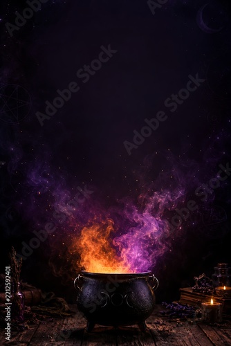 Spooky Halloween Witch Cauldron with Glowing Magic Potion Smoke and Candles Background