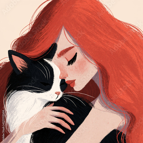 Woman holds black and white cat close while resting her head against, painting style wall art