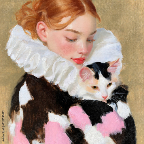 Girl holding a cat while wearing a colorful coat with ruffles, painting style wall art