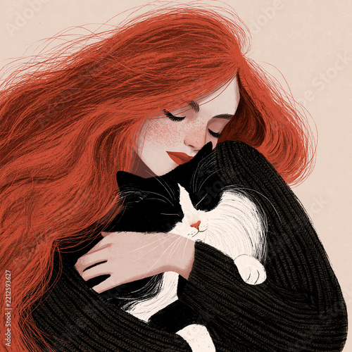 Woman hugs black and white cat while sitting indoors in a cozy, warm, painting style wall art