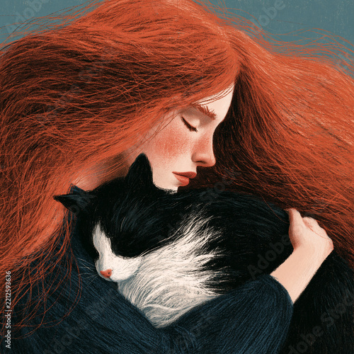 Red-haired woman hugs black and white cat with closed eyes, painting style wall art