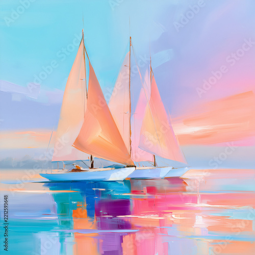 Sailboats on calm water during sunset with colorful reflections in water, painting style wall art