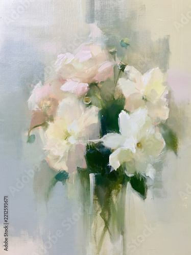 Flowers in a vase in soft colors with blurred background, painting style wall art