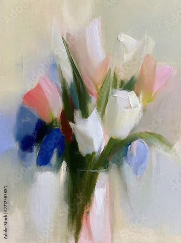 Bright flowers in a vase with soft colors and brush strokes, painting style wall art