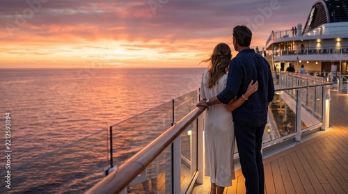 Couple enjoying a romantic cruise at sunset from the open deck, cinematic lifestyle photography for honeymoon, travel and luxury vacation campaigns
