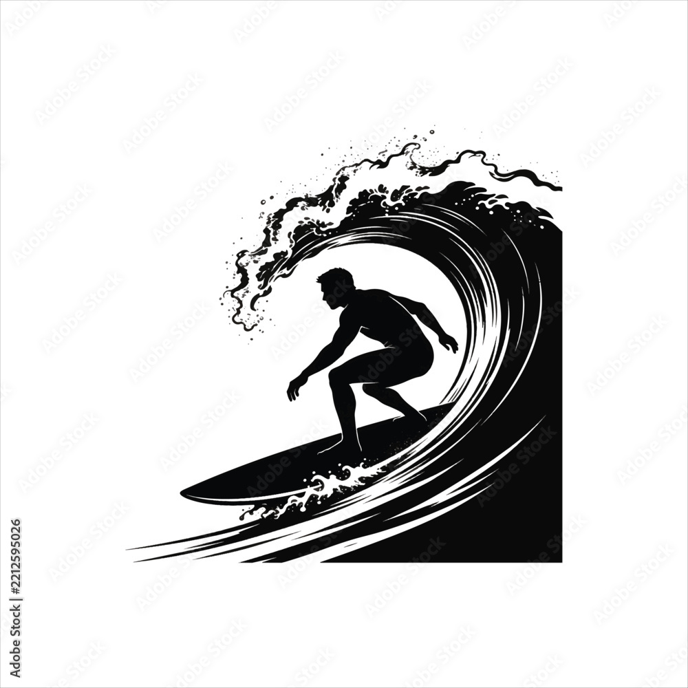 Fototapeta premium WebBlack And White Surfer Riding A Powerful Ocean Wave, Surfer Riding Inside A Large Barrel Wave In Artistic Style, Dynamic Surfing Silhouette With Powerful Ocean Wave